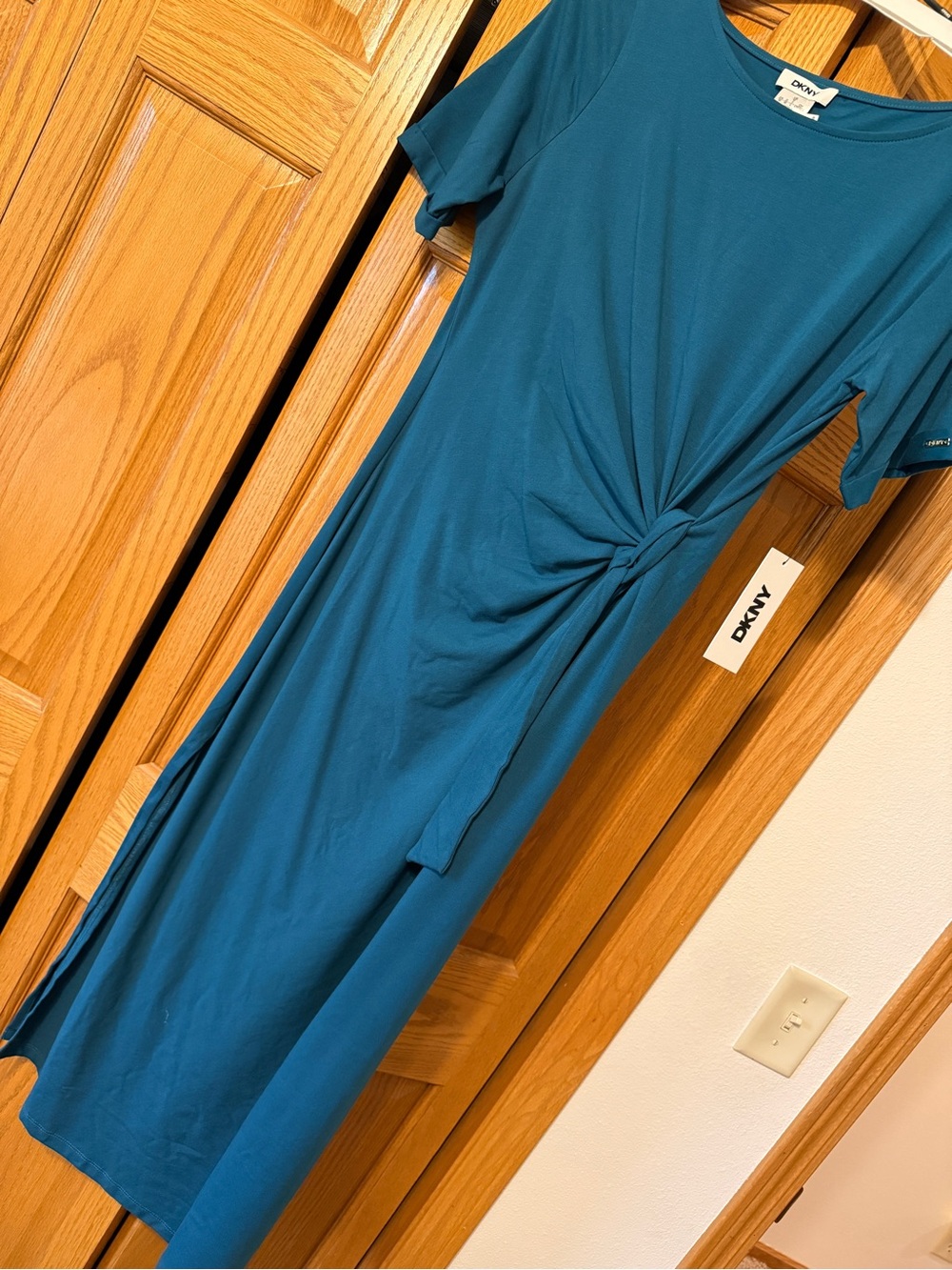 DKNY  Teal Knot-Front Midi Cotton Dress